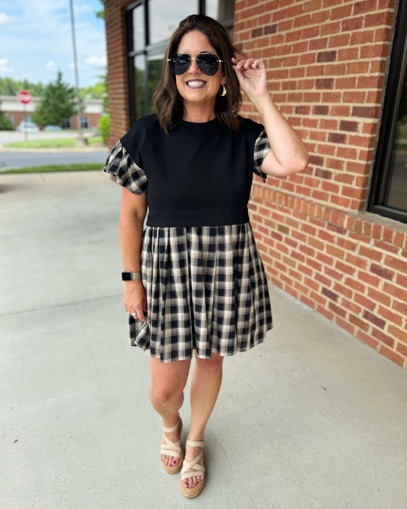 Kenna Plaid Twofer Dress in Black