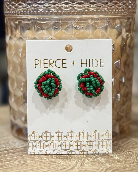Green + Red Pom Stud Earrings