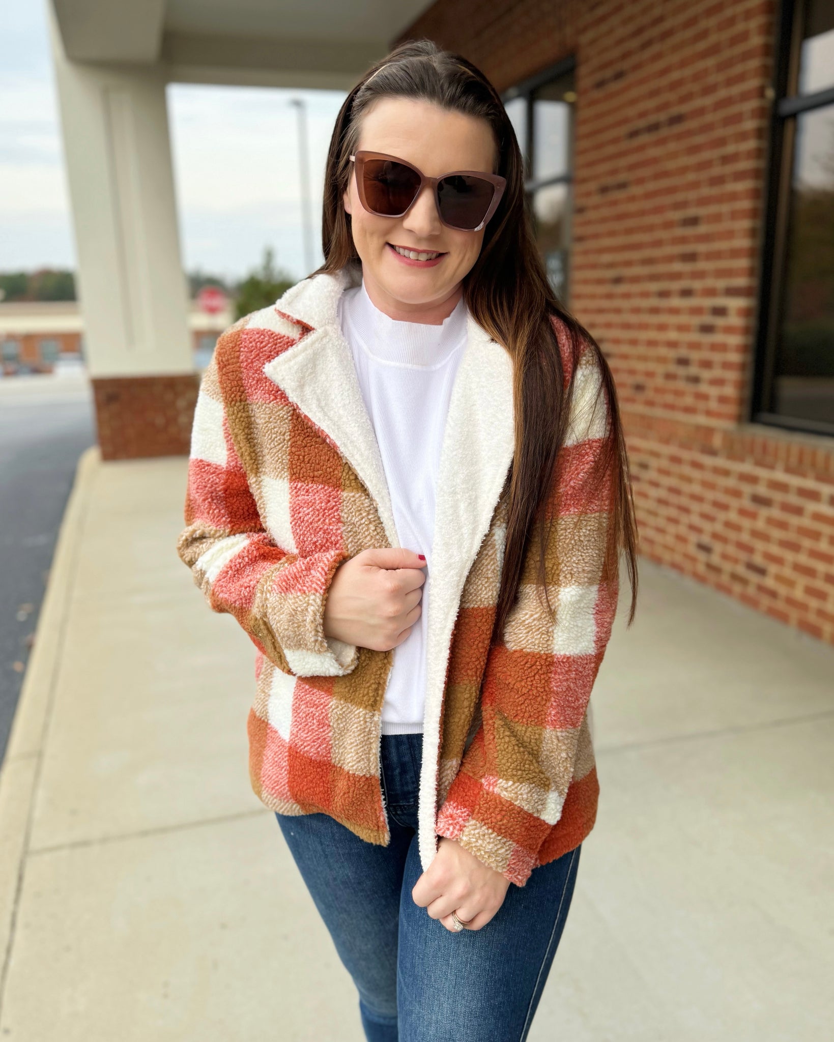 Fallon Faux Fur Plaid Jacket in Rust/Taupe