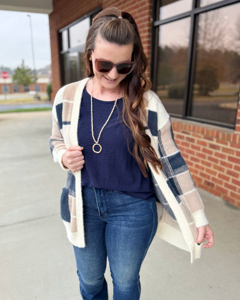 Marissa Checker Soft Cardigan in Navy/Taupe