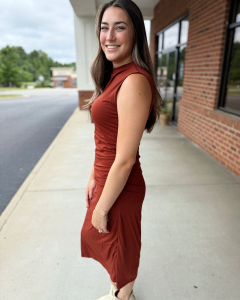 Tristan Draped Mock Neck Dress in Rust FINAL SALE