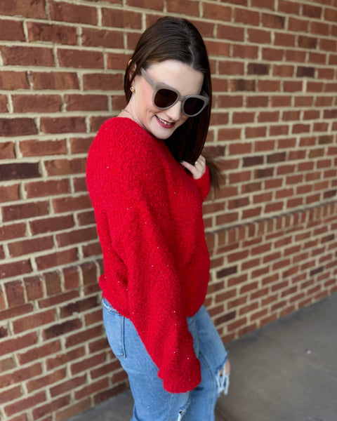 Brooke Sequin Popcorn Sweater in Red