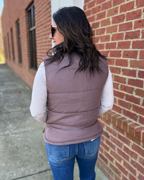 Drew Suede Puffer Vest in Cocoa