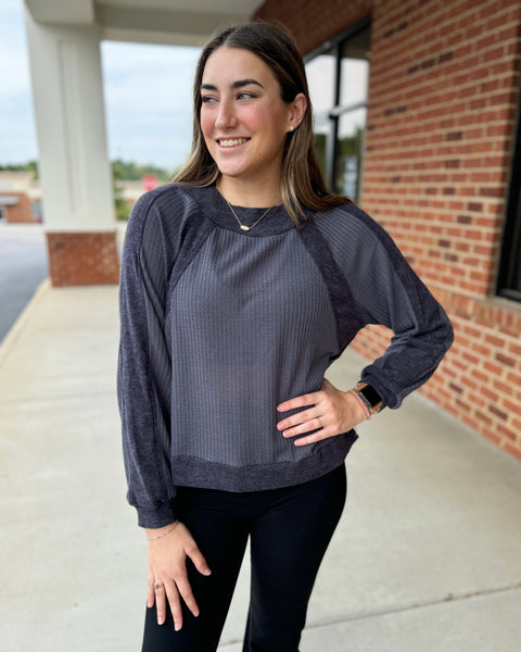 Olivia REG/CURVY Waffle Knit Top in Charcoal