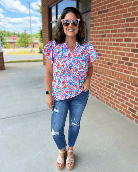 Diana REG/CURVY Boho Blouse in White/Blue FINAL SALE