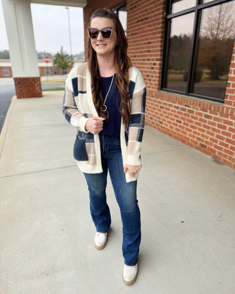 Marissa Checker Soft Cardigan in Navy/Taupe