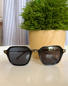 Black sunglasses on a reflective surface with a potted plant in the background