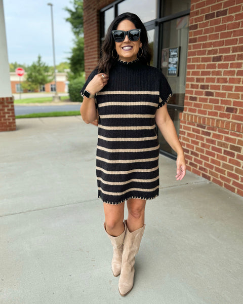 Beth Stripe Sweater Dress in Black