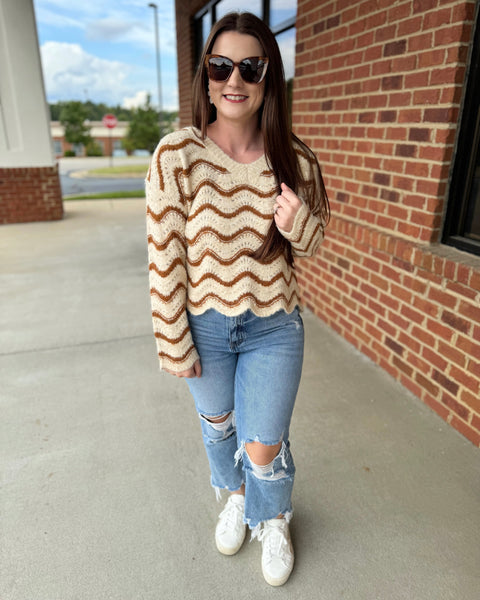 Houston Wavy Stripe Sweater in Oatmeal/Cinnamon