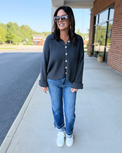Trisha Collared Button Up Sweater Top in Navy FINAL SALE