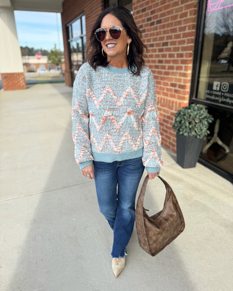 Kelly Chevron Textured Sweater in Seafoam