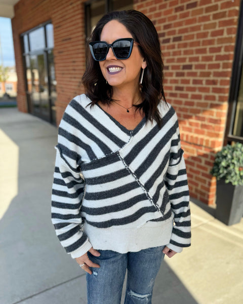 Laura Cross Stripe Sweater in Black/Ivory