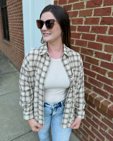 Maxine Plaid Corduroy Button Up in Taupe