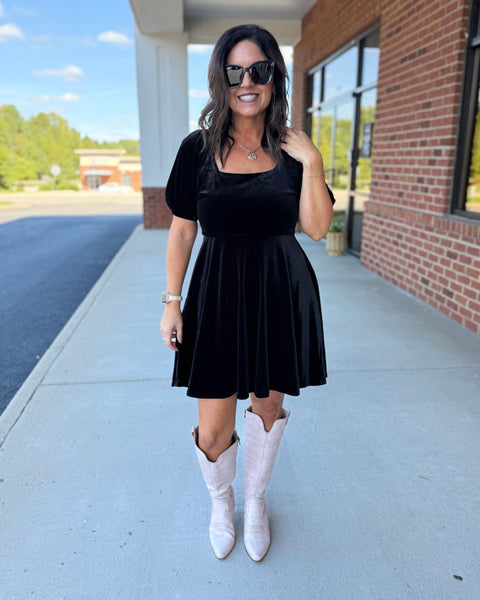 Kasen Satin Velvet Dress in Black