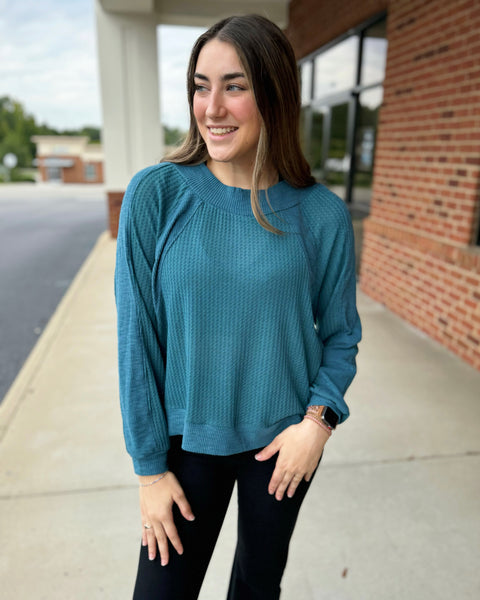 Olivia REG/CURVY Waffle Knit Top in Teal