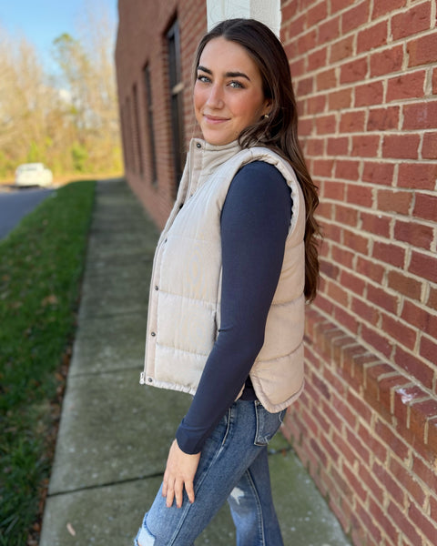 Drew Suede Puffer Vest in Beige