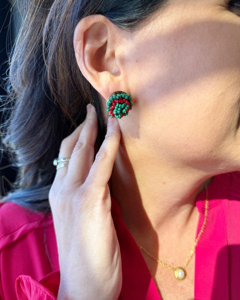 Green + Red Pom Stud Earrings