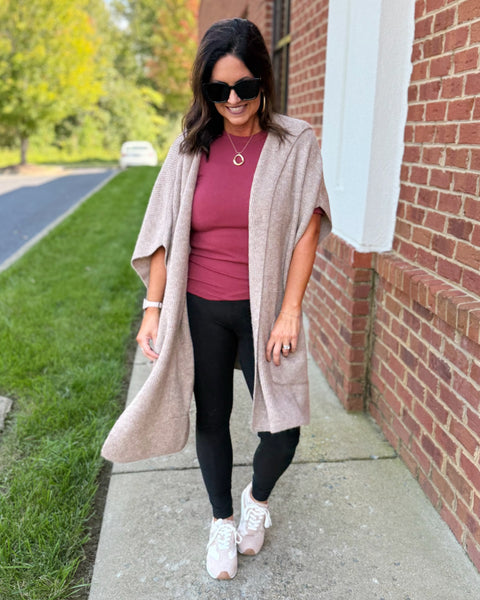 Iris Hooded Sweater Poncho in Taupe