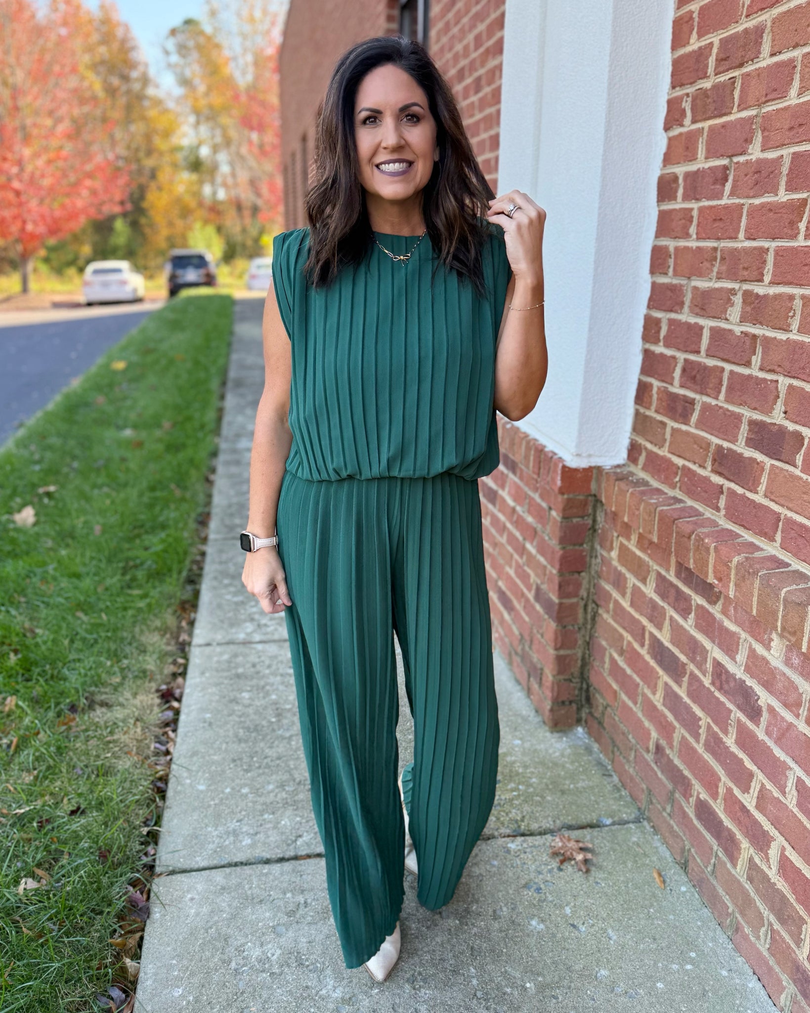Aurora Pleated Top & Pants Set in Hunter Green