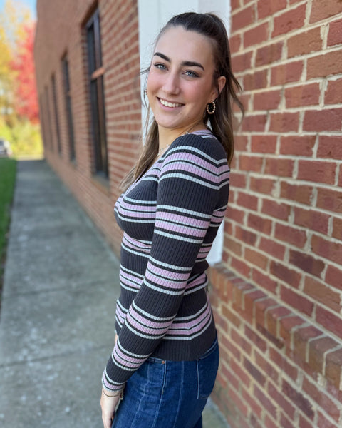 Reba Ribbed Stripe Top in Slate