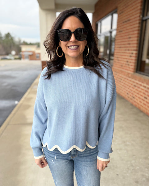 Bianca Scallop Hem Sweater in Blue/Cream