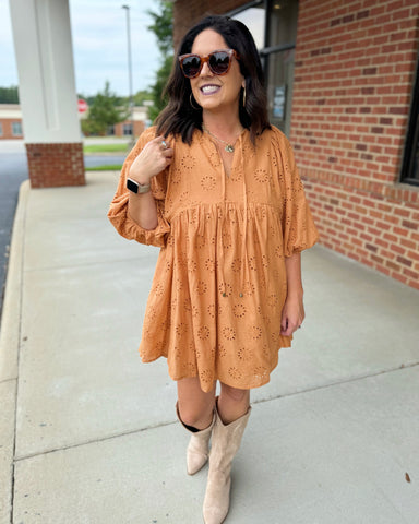 Cindy Eyelet Dress in Camel