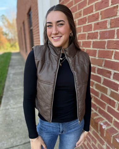 Danielle Faux Leather Puffer Vest in Brown