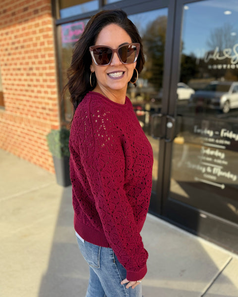 Sloane Crochet Sweater in Wine
