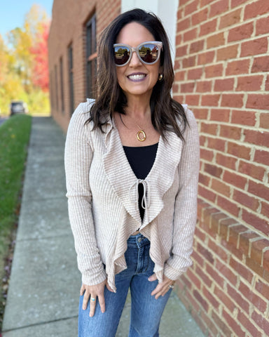 Sara Ruffle Cardigan in Taupe