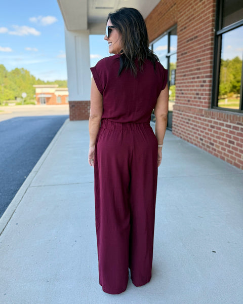 Parker Front Tie Jumpsuit in Wine FINAL SALE