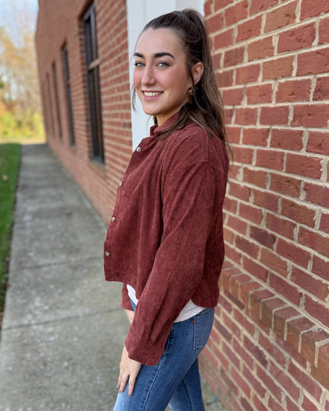 Sophia Corduroy Shacket in Brick FINAL SALE