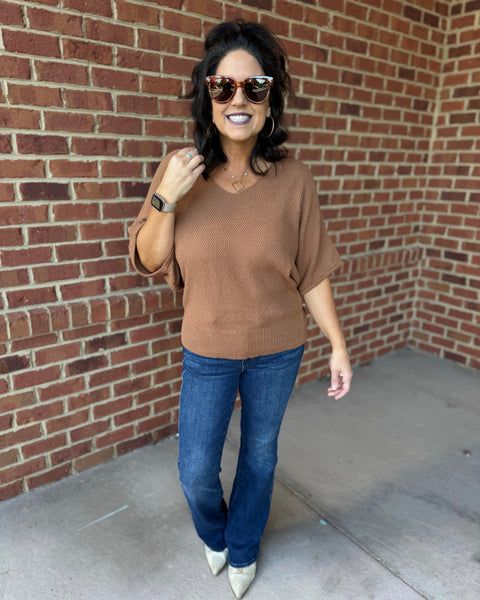 Mia V-Neck Dolman Sweater in Deep Camel