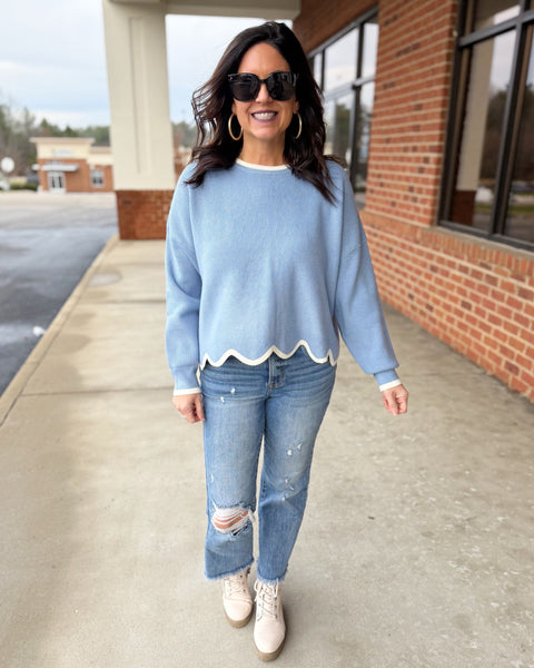 Bianca Scallop Hem Sweater in Blue/Cream