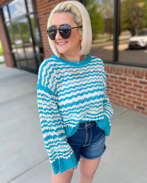 Dixie Stripe Crochet Lightweight Sweater in Aqua