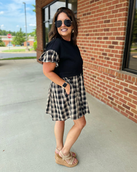 Kenna Plaid Twofer Dress in Black