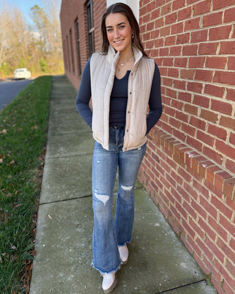 Drew Suede Puffer Vest in Beige