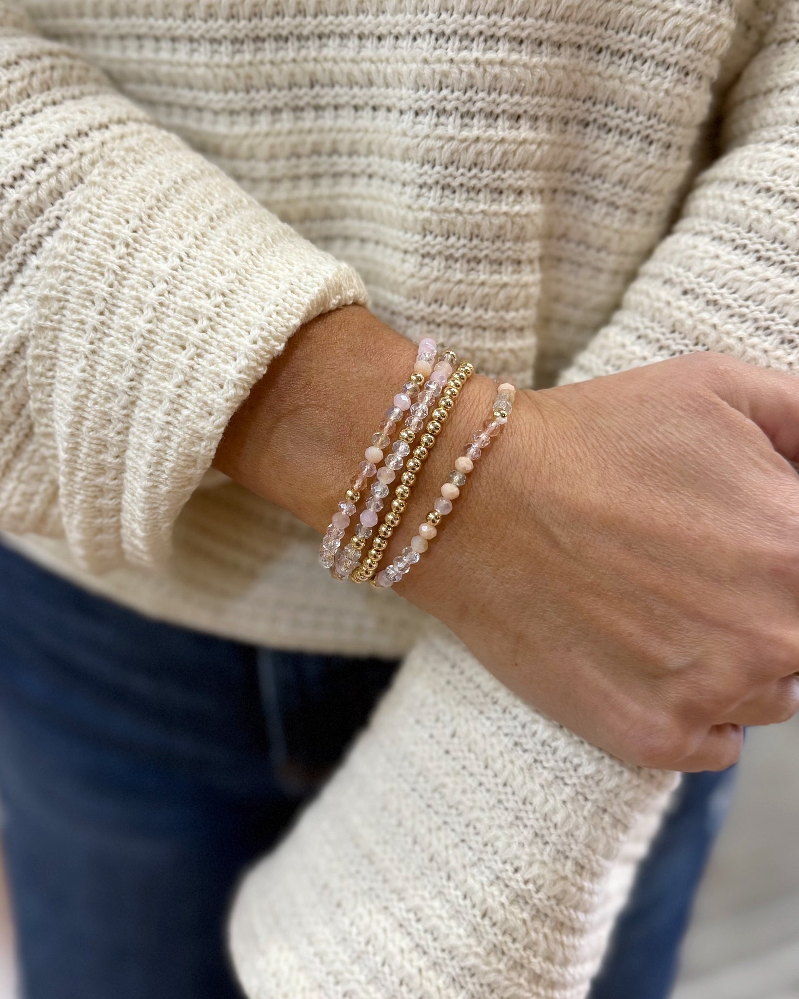 Glass & Gold Pink Bead Stretch Bracelets