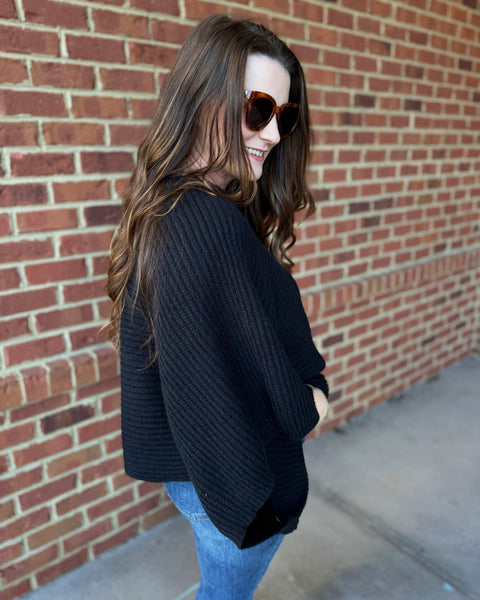 Lauren Ribbed Knit Arm Poncho in Black