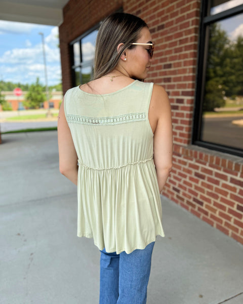 Elena Lace Trim Tank in Pistachio FINAL SALE