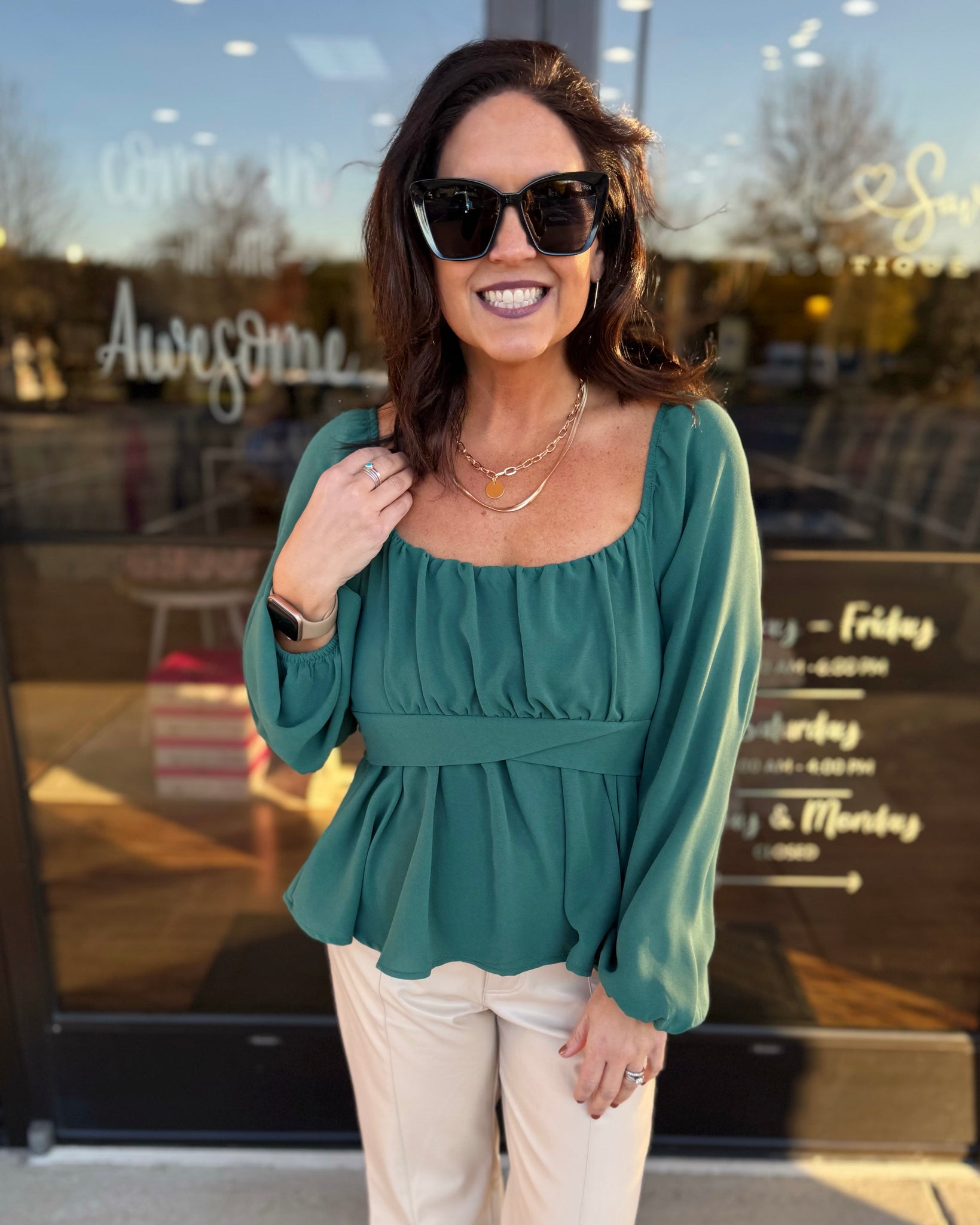 Holly Scoop Neck Blouse in Hunter Green