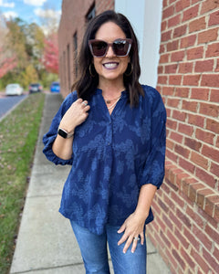 Valerie REG/CURVY Floral Burnout Blouse in Navy