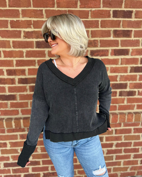 Flynn Thermal Knit Blouse in Charcoal