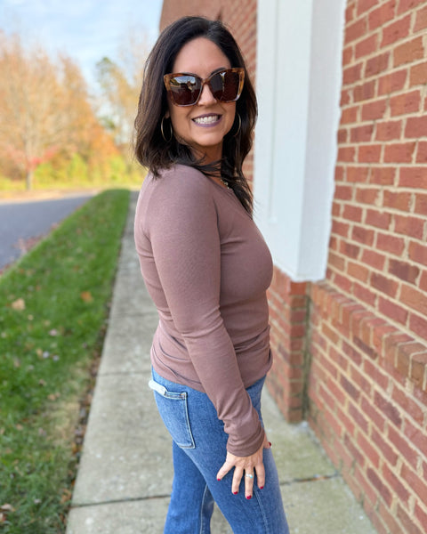 Dawn Split Neck Top in Brown