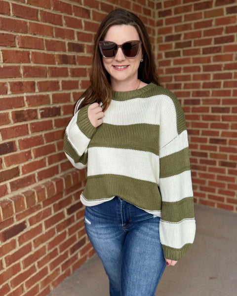 Kadie REG/CURVY Stripe Knit Sweater in Olive