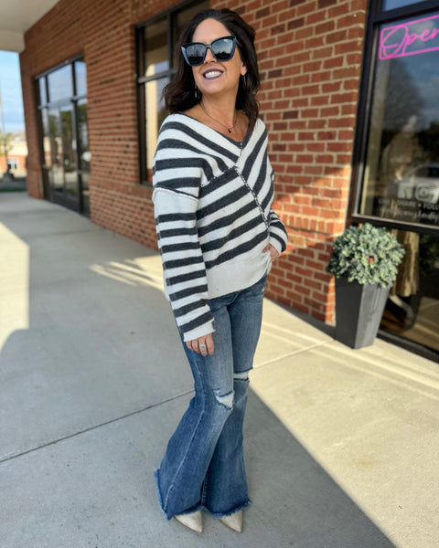 Laura Cross Stripe Sweater in Black/Ivory