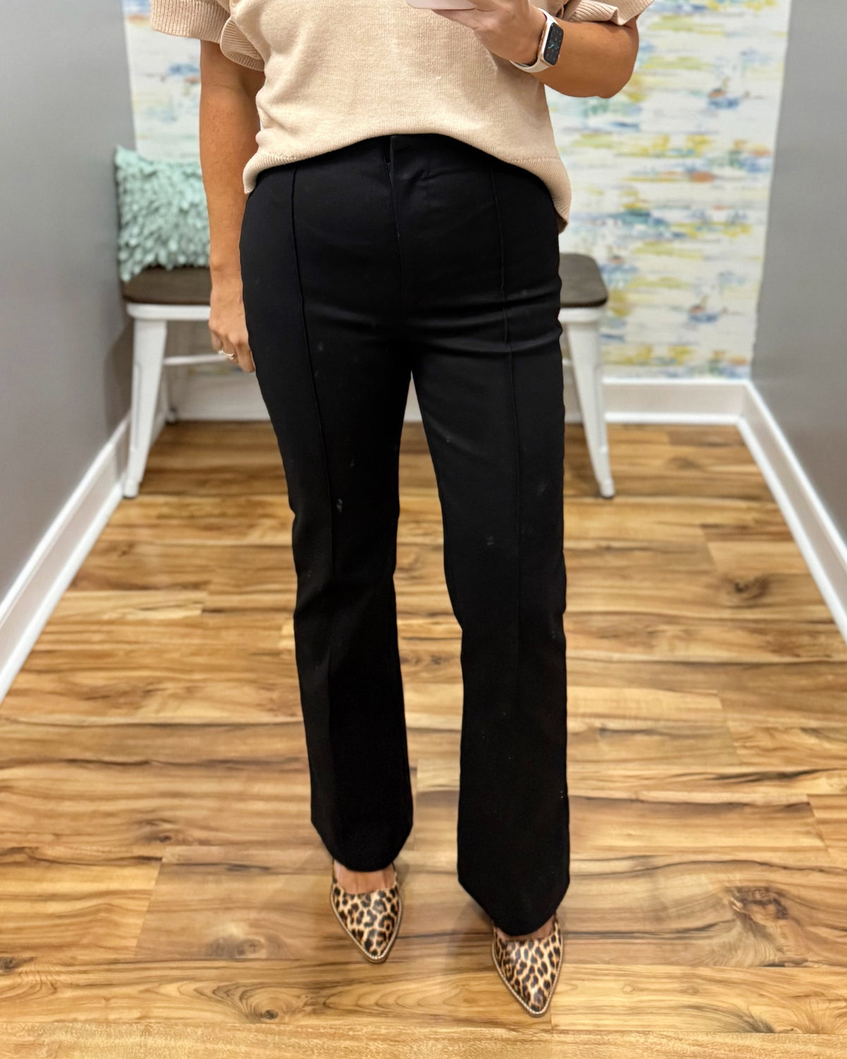 black bootcut pants.