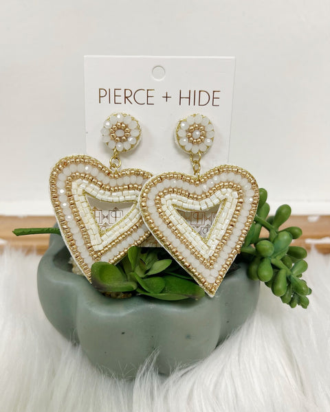 Cream & Gold Beaded Heart Earrings
