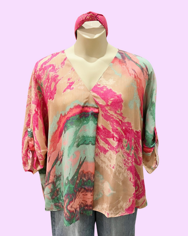 Tyler CURVY Watercolor Blouse in Pink/Green