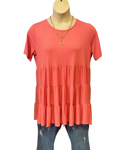 Lisa Curvy Tiered Tunic Blouse in Deep Coral FINAL SALE