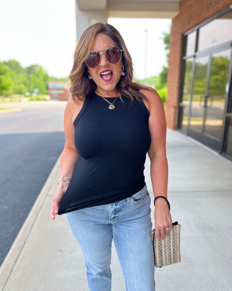 Khloe Ribbed Round Neck Tank in Black